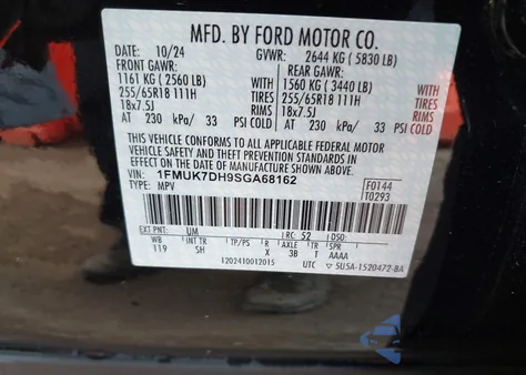 2025 Ford Explorer Active z USA, uszkodzony, nr VIN 1FMUK7DH9SGA68162